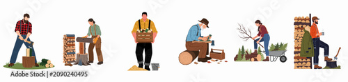 Collection of flat vector illustrations depicting diverse lumberjacks and woodworkers engaged in splitting, sawing, carving, and stacking firewood in a rustic setting.