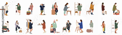 Set of diverse women illustrations in cozy indoor settings looking at photographs and digital screens, reflecting on nostalgic memories and daily life moments.