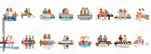 Illustrations of diverse people enjoying summer activities on a wooden pier, including fishing, reading, eating, and relaxing together by the water's edge.