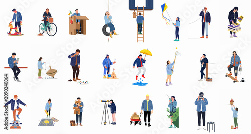 Collection of diverse young adults in denim outfits participating in various nostalgic childhood activities, hobbies, and outdoor games illustrated in a flat style.