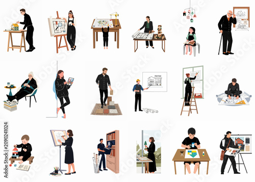 Architectural Design and Home Building Illustration Set Featuring Diverse People Working on Blueprints, Models, and Creative Projects.