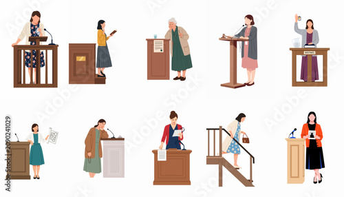 Collection of diverse women in courtroom roles such as judges, witnesses, and lawyers, shown at podiums and witness stands in a flat illustration style.