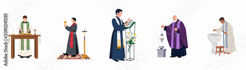 Collection of flat vector illustrations depicting Catholic priests performing various religious ceremonies and duties including mass, baptism, and burning incense.