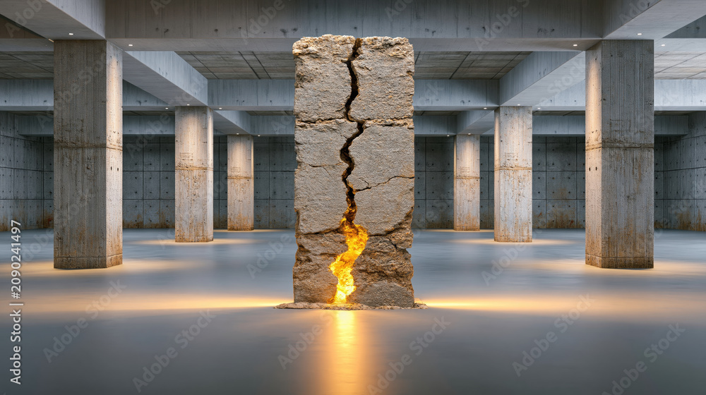 Obraz premium Abandoned interior concrete hall stone pillar cracked wall fire light empty room urban building industrial space modern ruin