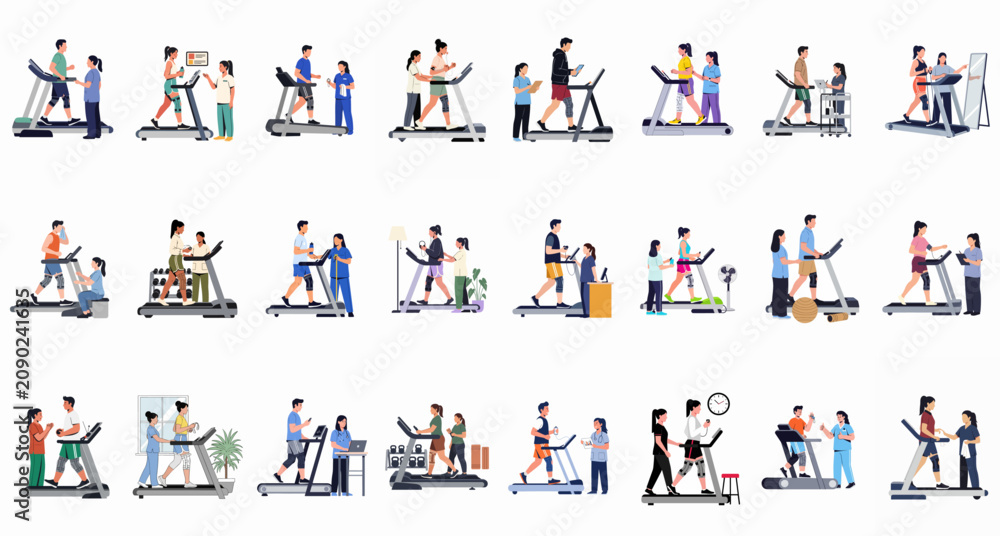 Fototapeta premium Comprehensive Illustration Set of Patients Undergoing Physical Therapy and Rehabilitation Exercises on Treadmills with Professional Medical Supervision and Monitoring