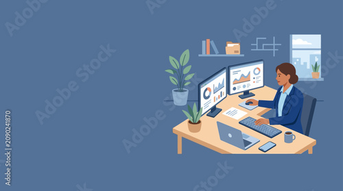 Businesswoman working at desk with dual monitors displaying charts and graphs.