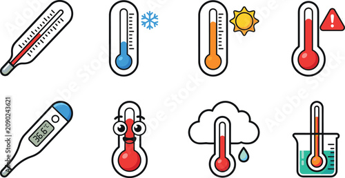 Fotografía Thermometer Vector Icon Set with Weather Climate Medical Diagnostic Science and