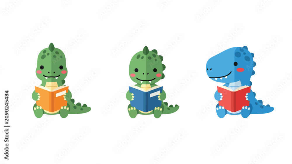 Fototapeta premium Three cute cartoon dinosaurs reading books, isolated on a white background, representing education and learning.