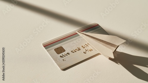 Card and paper airplane placed on off-white background show money transfer idea with clear space for additional information or text