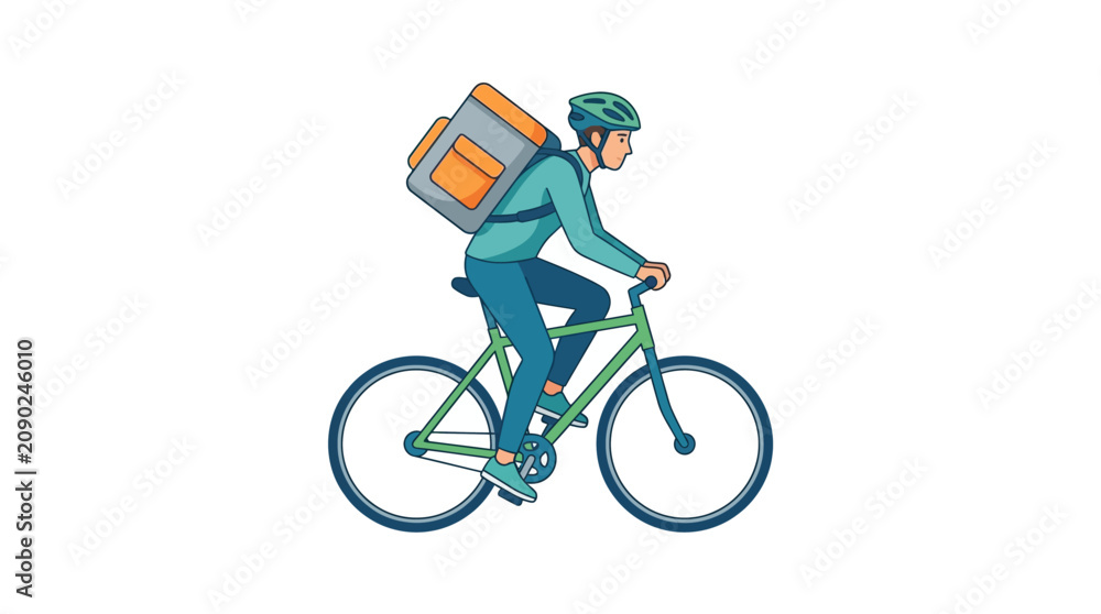 Obraz premium Delivery courier on bicycle riding fast for food delivery service flat design vector illustration.