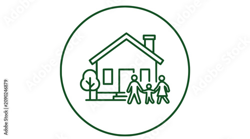 Family Home Icon: Parents and Child Outside House with Tree