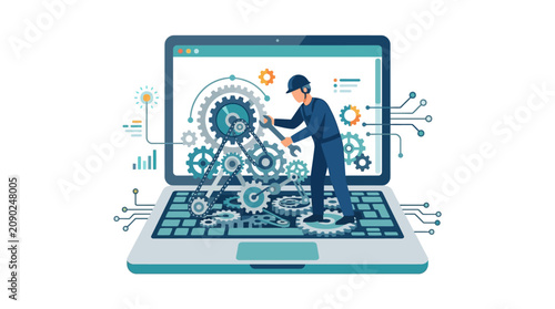 Professional technician repairing complex digital gear machinery inside a laptop for system optimization flat vector illustration