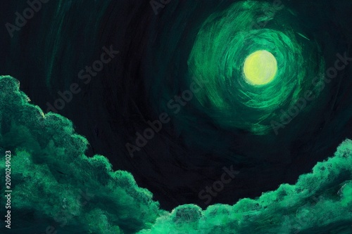 Cuadro en lienzo acrylic painting of a luminous green moon in a fantasy style shines above rolling clouds in a mysterious night sky