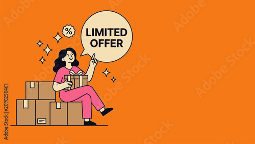 Obraz na płótnie Woman with gift boxes announces limited offer with sparkles For E-commerce Promo