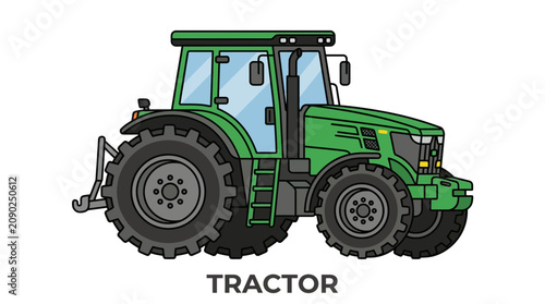 Detailed line art illustration of a modern green farm tractor, essential heavy machinery for agricultural cultivation and rural work projects