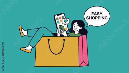 Tableau sur toile Woman relaxing in shopping bag with phone, easy shopping concept For E-commerce