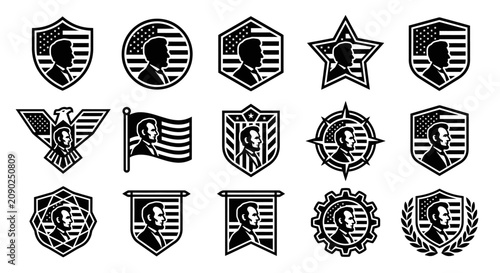 Canvastavla Set of patriotic American president profile silhouette icons in various shield and emblem shapes