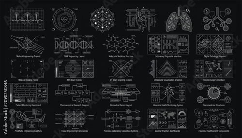 Comprehensive collection of medical engineering diagrams and scientific analysis graphics with engineering diagrams analysis graphics healthcare technology research dashboard illustration