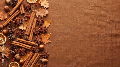 Autumn spices and fall decoration, seasonal aromatic ingredients and rustic elements autumn concept, texture background, copy space