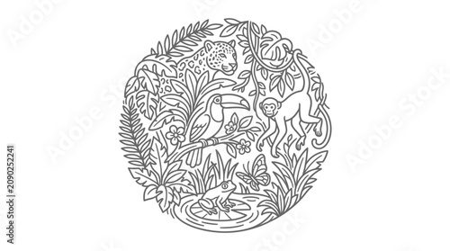 Canvas Print Creative Black and White Line Art Jungle Wildlife Emblem Featuring Leopard Touca