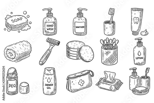 Hand Drawn Personal Hygiene Doodle Icon Set Bathroom Essentials Toiletries and Daily Care Sketch Vector Collection