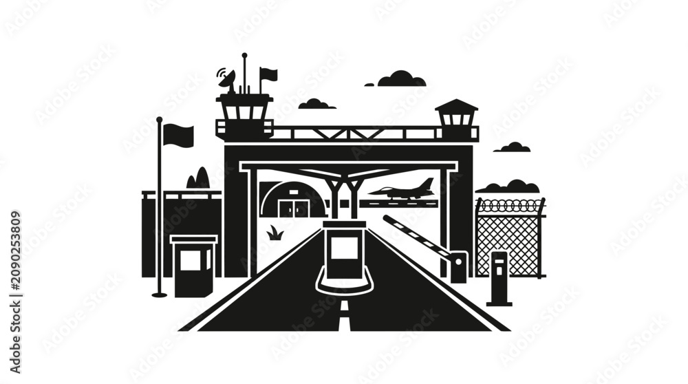 Obraz premium Airport security checkpoint with airplane in background, vector illustration