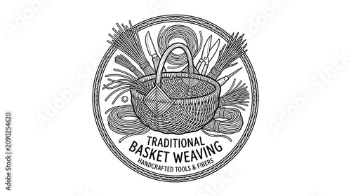 Foto Traditional Basket Weaving Emblem: Handcrafted Tools and Fibers Illustration