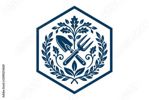 Photography Gardening emblem with shovel and fork surrounded by leaves