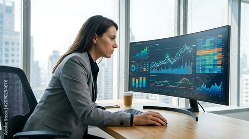 Woman analyzing financial data on a computer screen in an office
