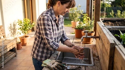 Woman washing hands outdoors near garden bed and plants