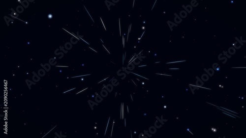 Futuristic deep space journey with star warp speed light streaks in dark blue background