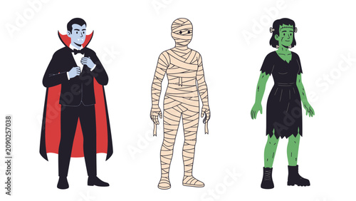 Three classic monsters, a vampire, a mummy, and Frankenstein's monster, standing together in costumes.