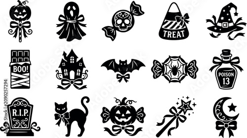 Tableau sur toile Halloween candy trick or treat silhouette bundle set collection on white backgro