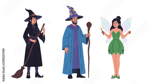 Three fantasy characters, a witch, a wizard, and a fairy, standing together against a white background.