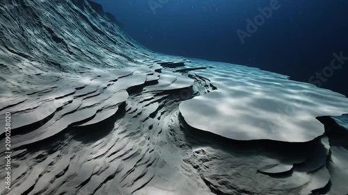 Dynamic underwater turbidity current deposits in deep sea terrain with natural underwater formations
