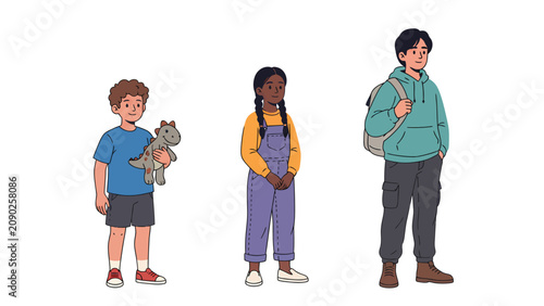 Three diverse children standing together, representing different ages and ethnicities, isolated on a white background.