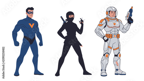 Three distinct comic book style characters including a superhero, a ninja, and a futuristic astronaut.