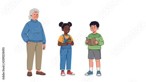 A grandmother stands with two children, a girl holding a toy and a boy reading a book, illustrating intergenerational connection and childhood activities.