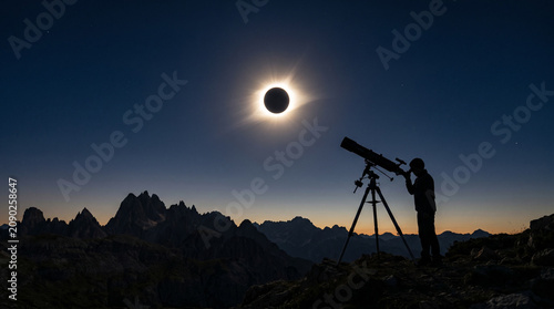 Astronomer watching solar eclipse with mountain telescope silhouette.