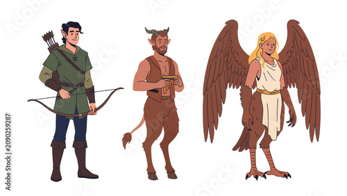 Fantasy characters including an elf archer, a satyr, and a harpy against a white background.