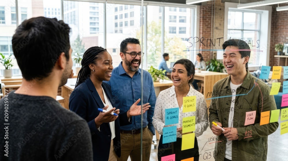 Obraz premium A group of diverse people discussing and standing in an office with sticky notes.