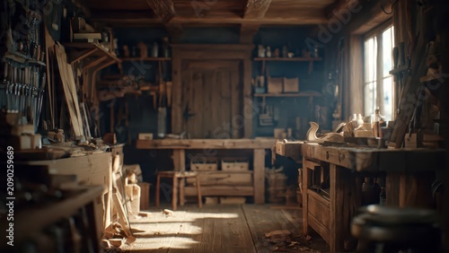 Rustic Wooden Workshop Interior with Natural Light.