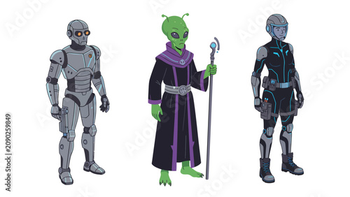Three distinct alien characters in futuristic costumes, including a robot, a shaman, and a soldier.