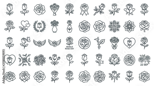 Collection of Rose Icons and Symbols in Outline Style for Design Elements.