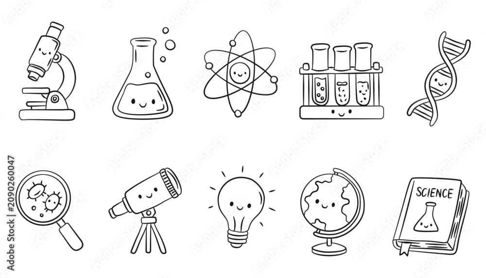 Obraz premium Hand Drawn Science Education Doodle Icon Set Microscope Atom DNA Laboratory and STEM Learning Sketch Vector Collection