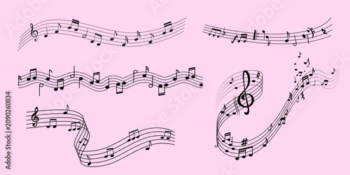 Flowing orchestral music staff vector set, classical melody lines sketch