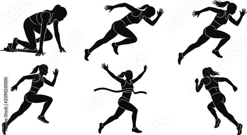 Tableau sur toile Female Runner Silhouette Icon Set Featuring Woman Athlete in Starting Blocks Spr