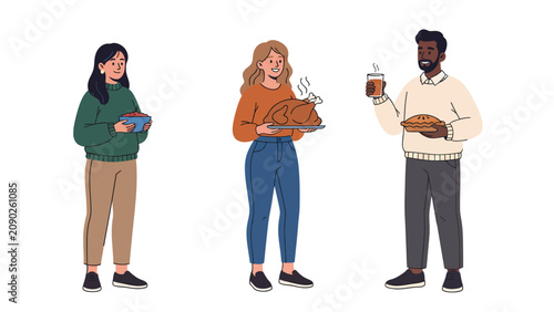Diverse group of friends sharing a festive meal with roasted chicken and side dishes.