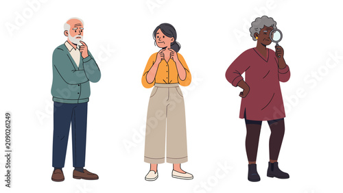 Three diverse people standing and thinking, one holding a magnifying glass, representing different generations and curiosity.