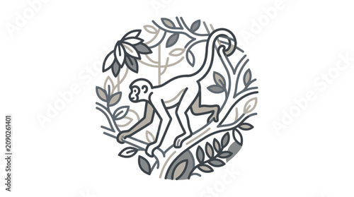 Photography Modern Minimalist Line Art of a Monkey Amongst Stylized Leaves and Branches in M